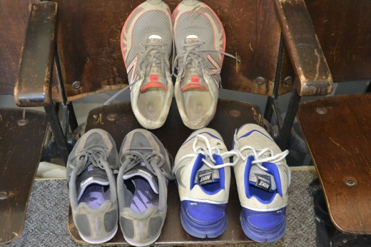My well-worn Minimus shoes at top, 442s on the left and Frees on the right.